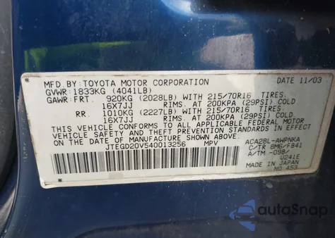 2004 Toyota Rav4 из США, поврежденный, VIN JTEGD20V540013256